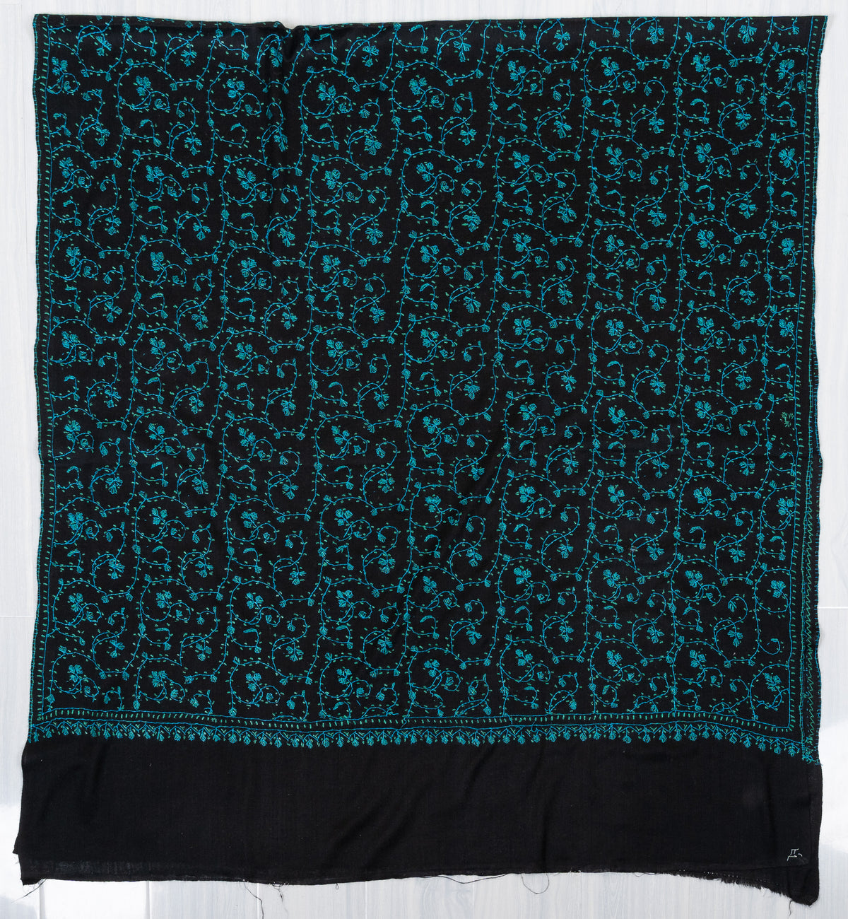 Midnight Teal Jaal 2.5 Yards Sozni Hand Embroidered Shawl