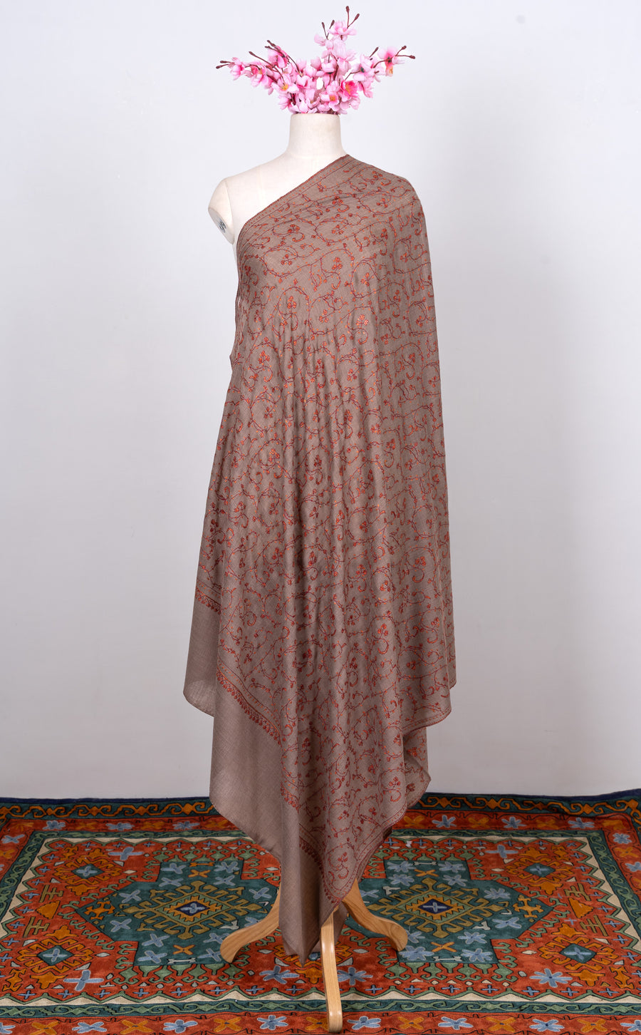 Clay Vine Rust 2.5 Yards Sozni Hand Embroidered Shawl