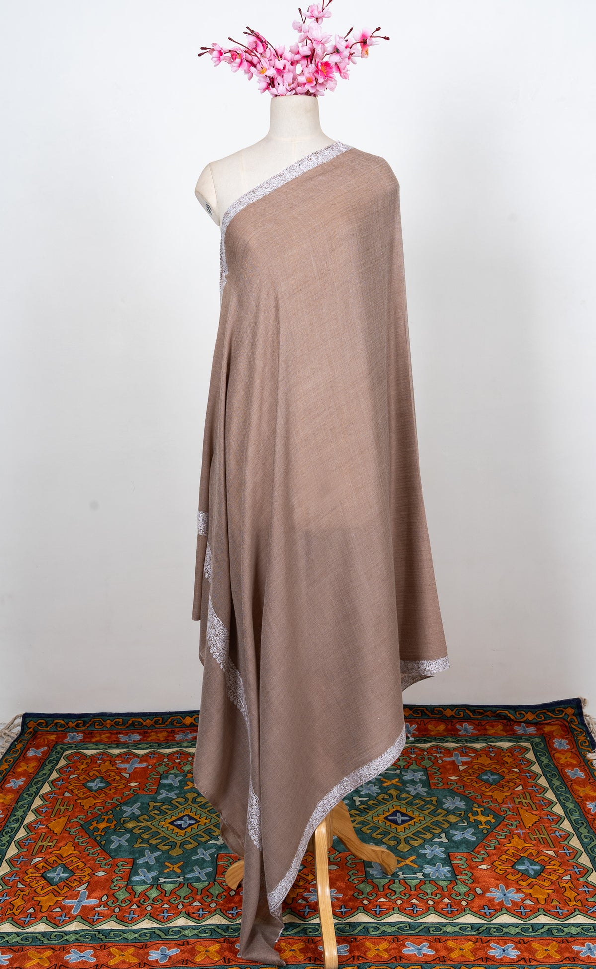 Soft Fawn Silver Edge 2.5 Yards Sozni Hand Embroidered Shawl