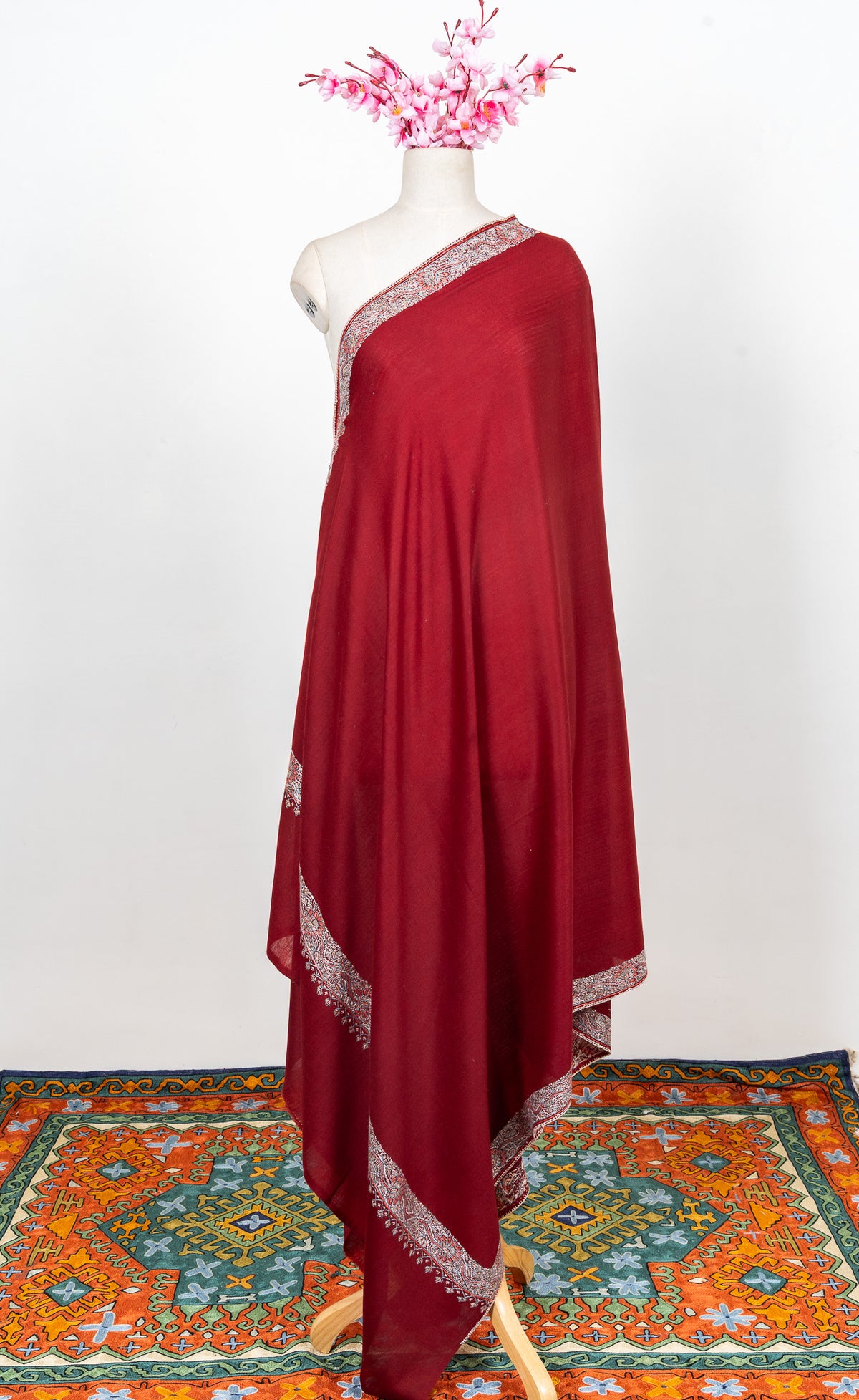 Crimson Frost Edge 2.5 Yards Sozni Hand Embroidered Shawl