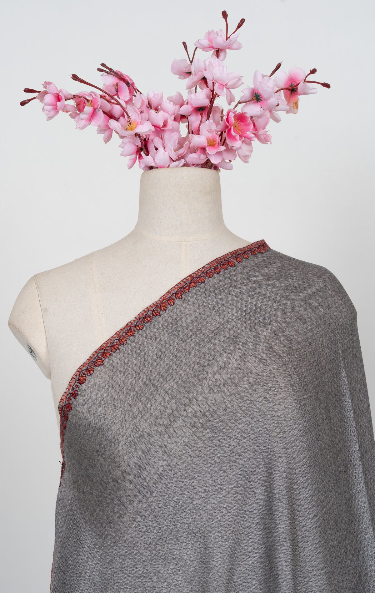Crimson Ash Bloom 2.5 Yards Sozni Hand Embroidered Shawl