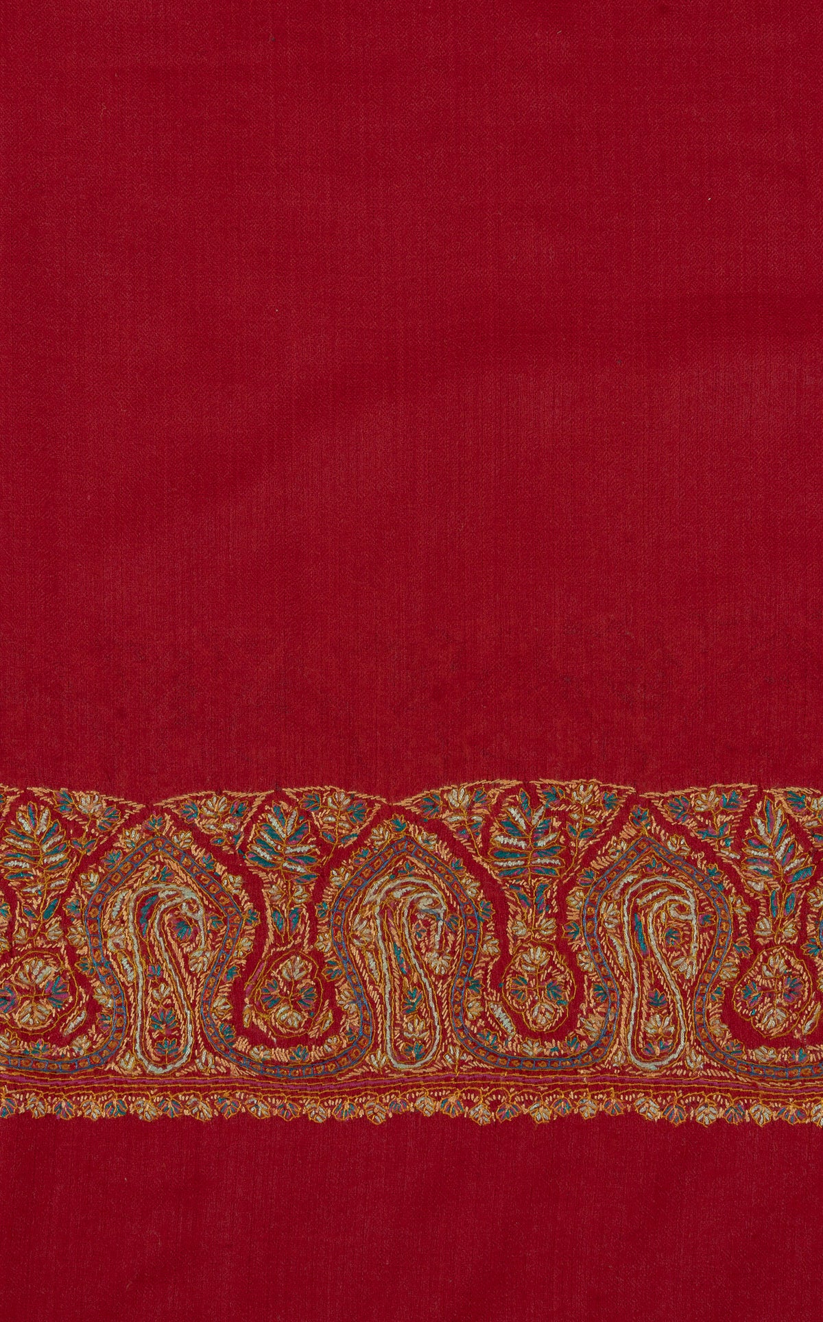 Close-up of a broad horizontal border of golden Sozni paisleys and blue-green leaves on scarlet shawl fabric
