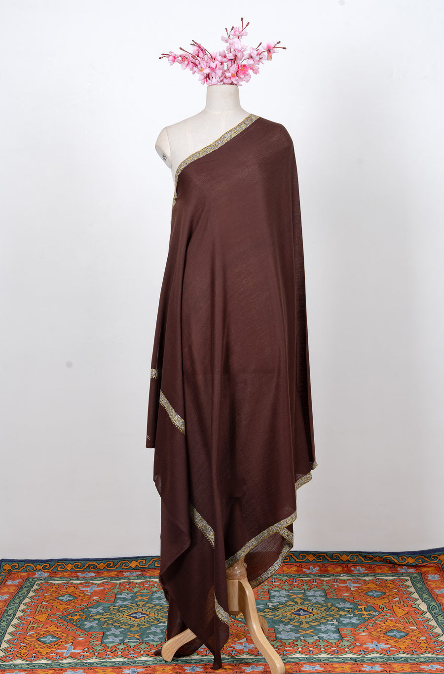 Chestnut Gold Edge 2.5 Yards Sozni Hand Embroidered Shawl