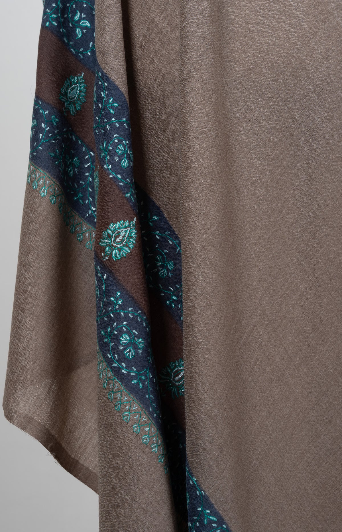 Teal Dusk Taupe 2.5 Yards Sozni Hand Embroidered Shawl