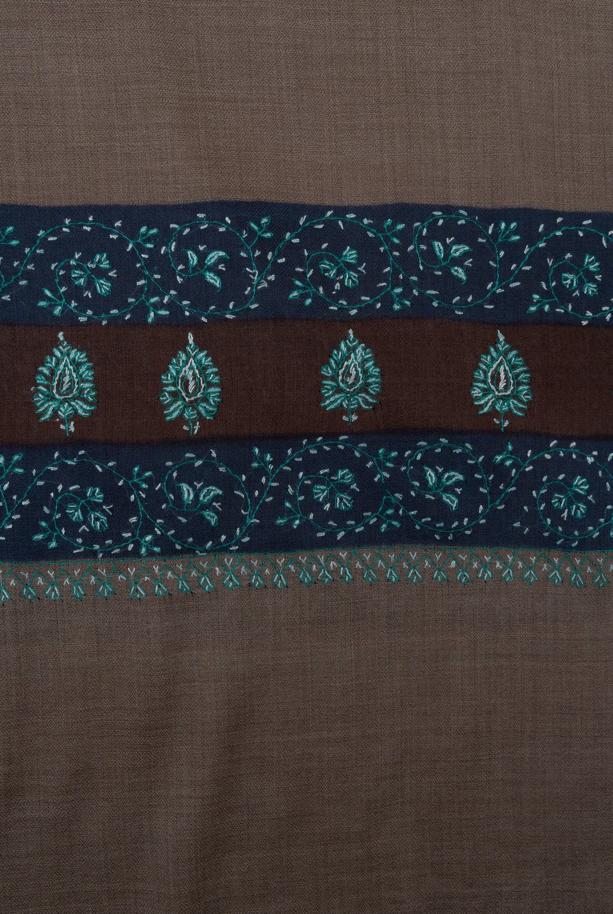 Teal Dusk Taupe 2.5 Yards Sozni Hand Embroidered Shawl