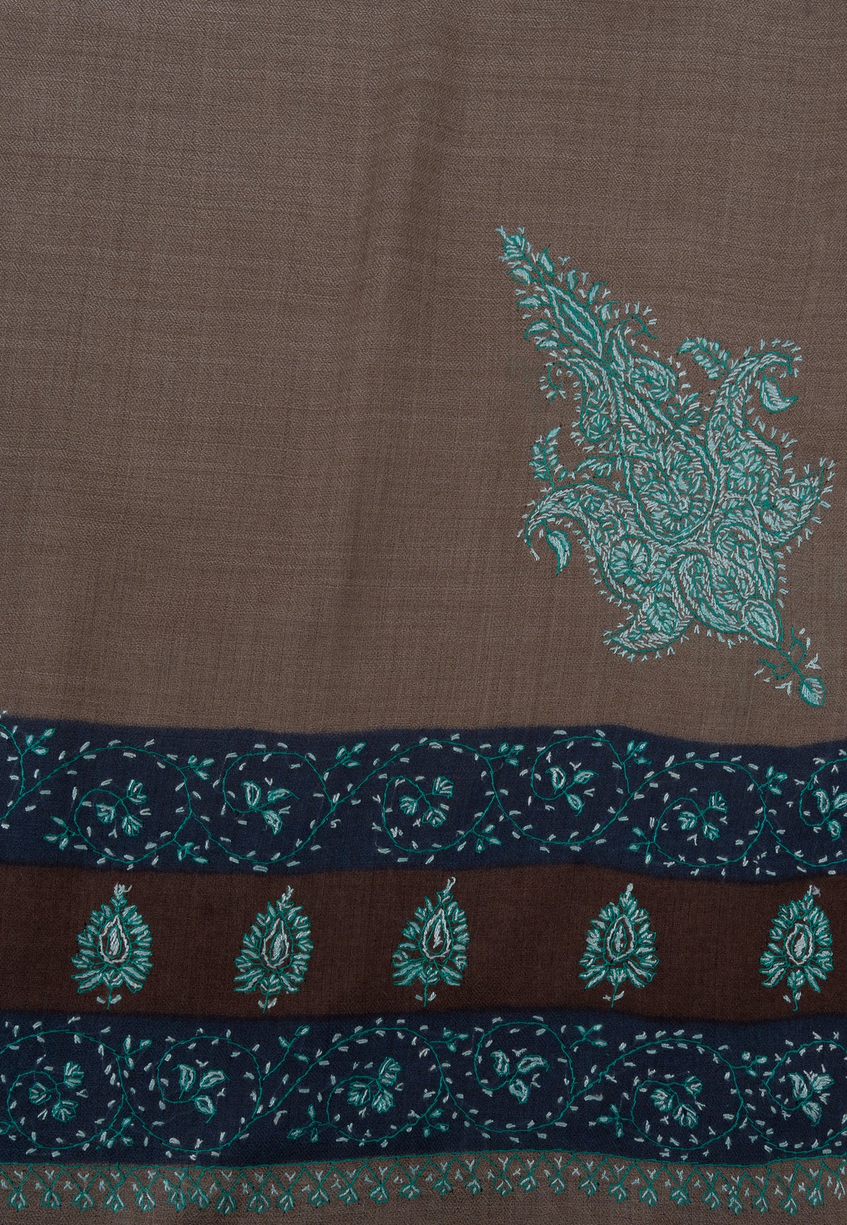 Teal Dusk Taupe 2.5 Yards Sozni Hand Embroidered Shawl