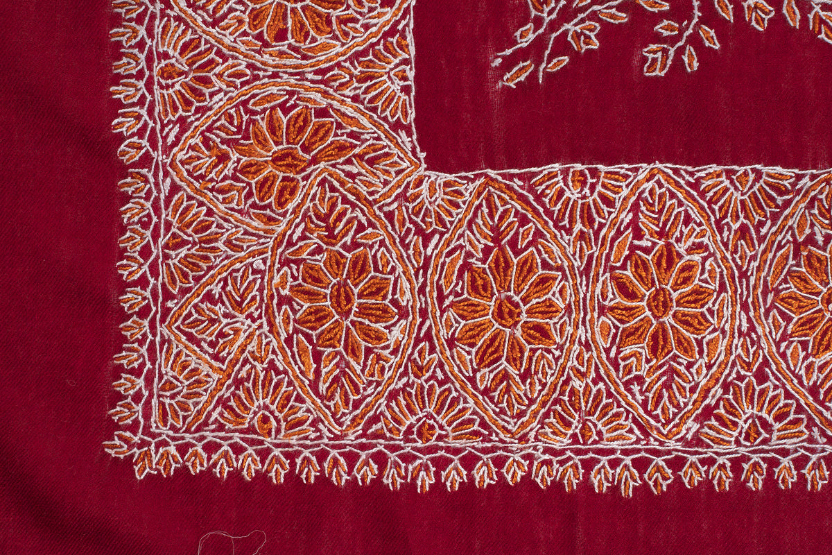 Close-up of golden flowers inside ivory-outlined leaf-shaped panels around a crimson rumal's border