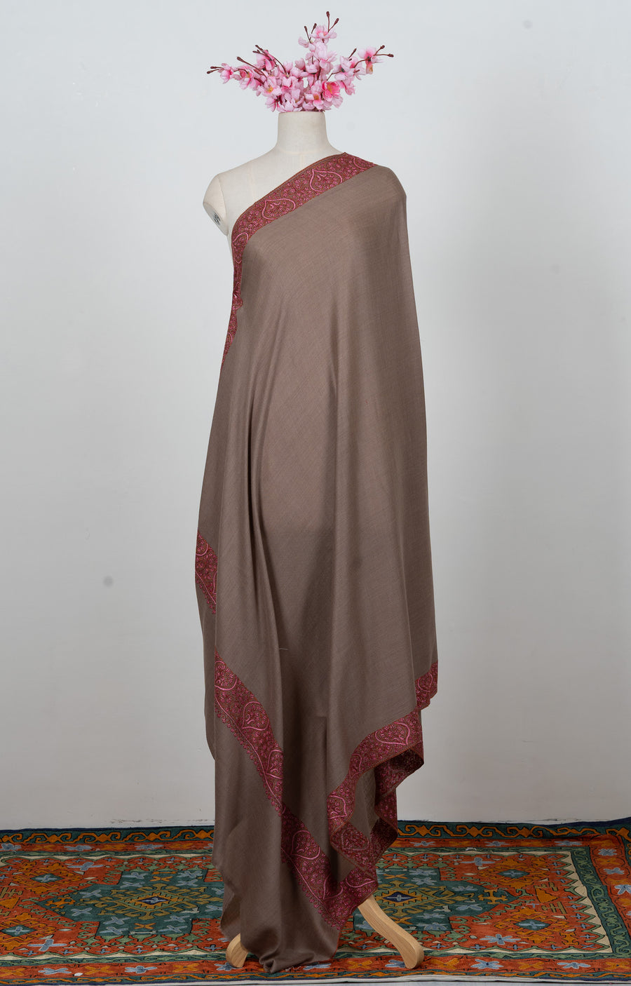 Taupe Paisley Border 2.5 Yards Sozni Hand Embroidered Shawl