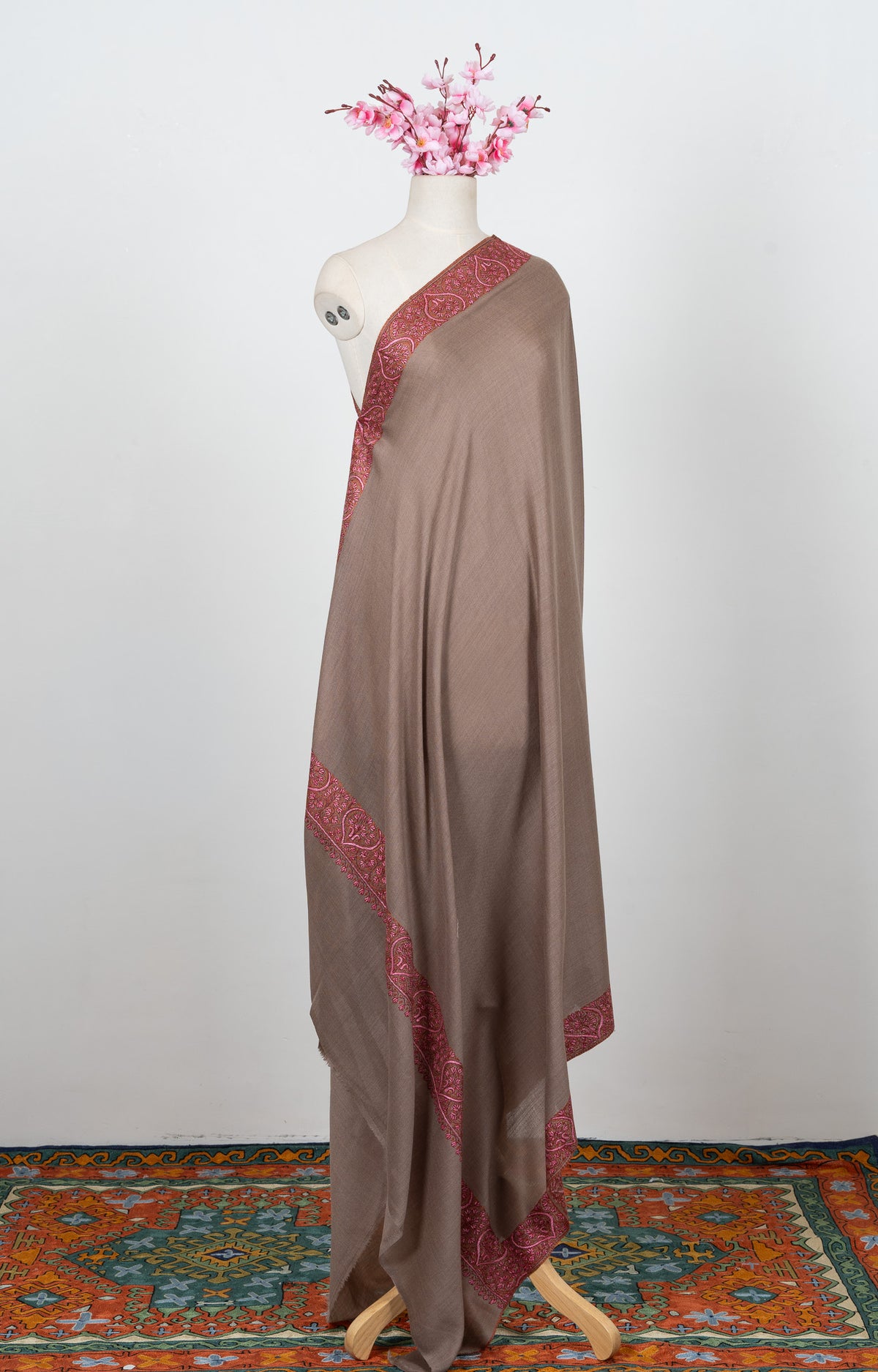 Taupe Paisley Border 2.5 Yards Sozni Hand Embroidered Shawl