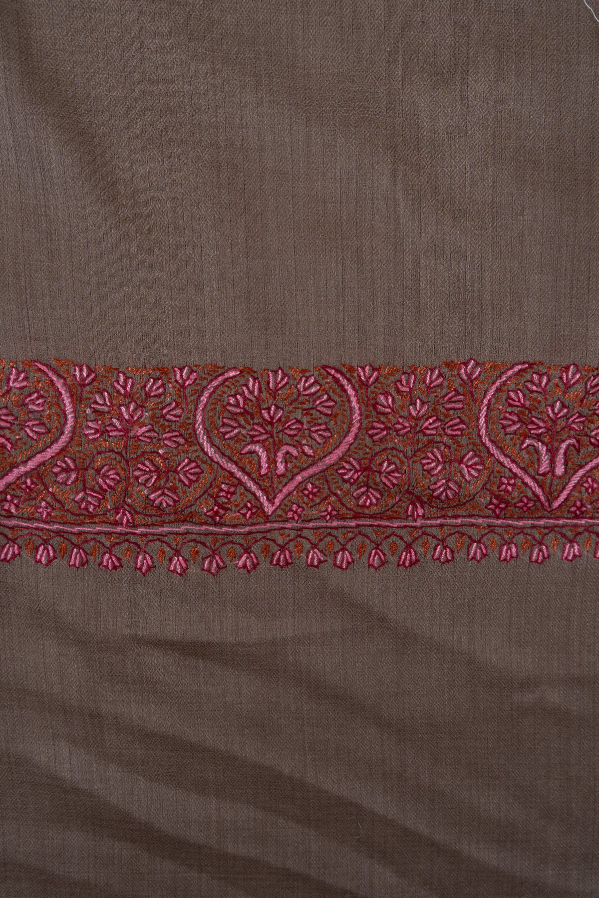 Taupe Paisley Border 2.5 Yards Sozni Hand Embroidered Shawl