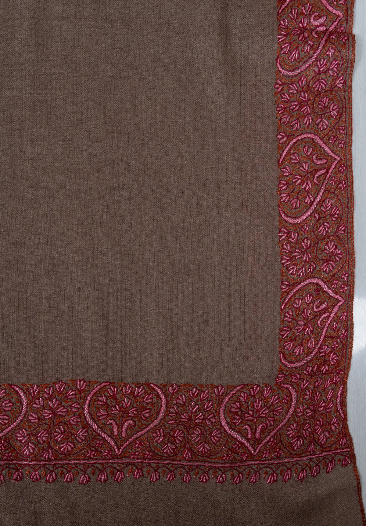 Taupe Paisley Border 2.5 Yards Sozni Hand Embroidered Shawl