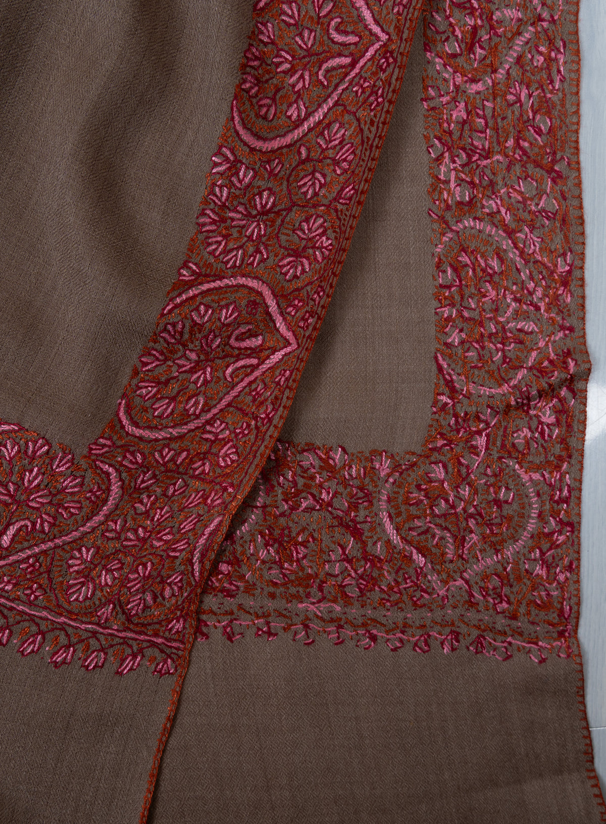 Taupe Paisley Border 2.5 Yards Sozni Hand Embroidered Shawl