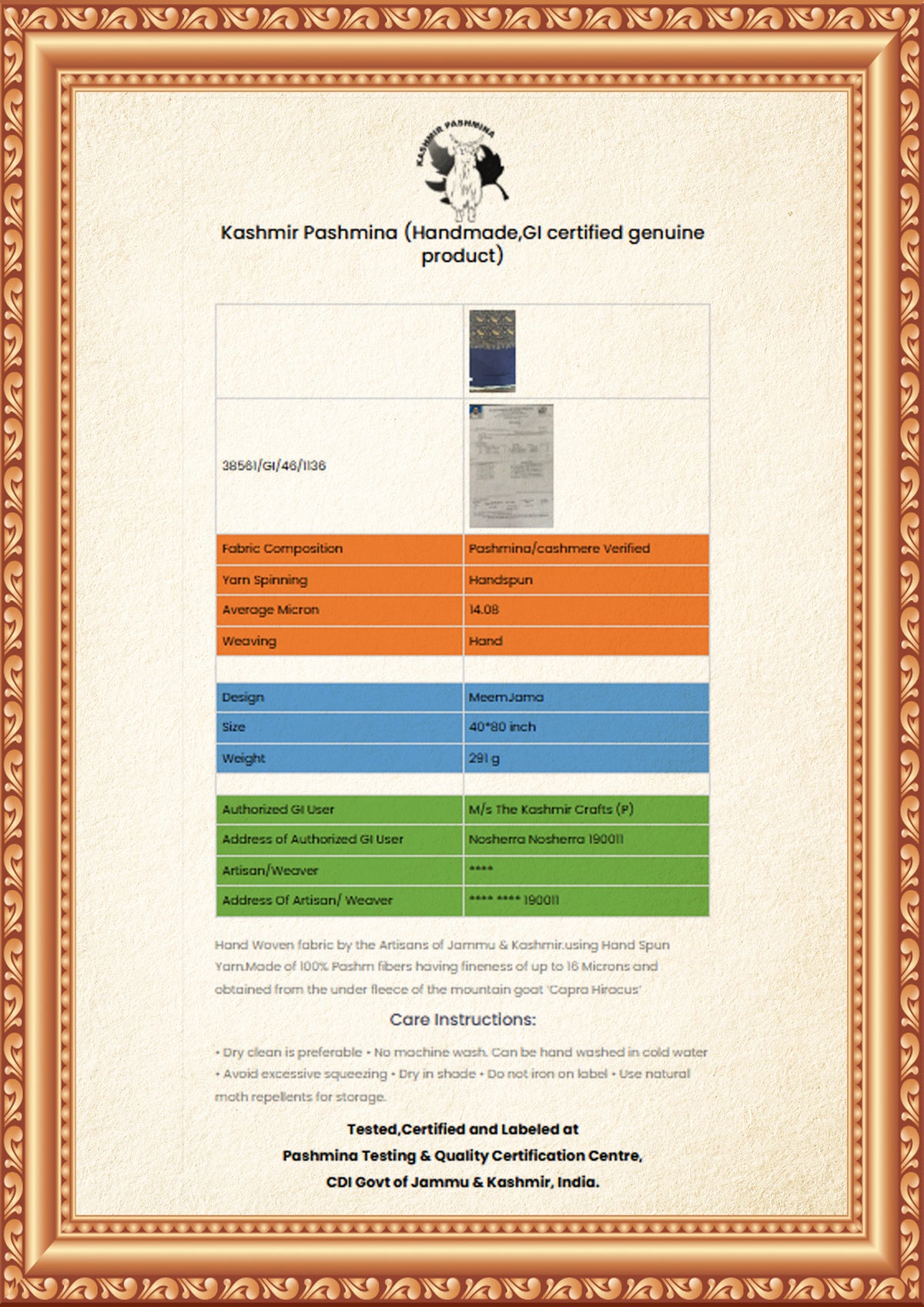 Framed Kashmir Pashmina certificate image for the blue shawl, listing cashmere, hand-spun yarn and hand weaving, with fibre, size and weight details and care instructions.