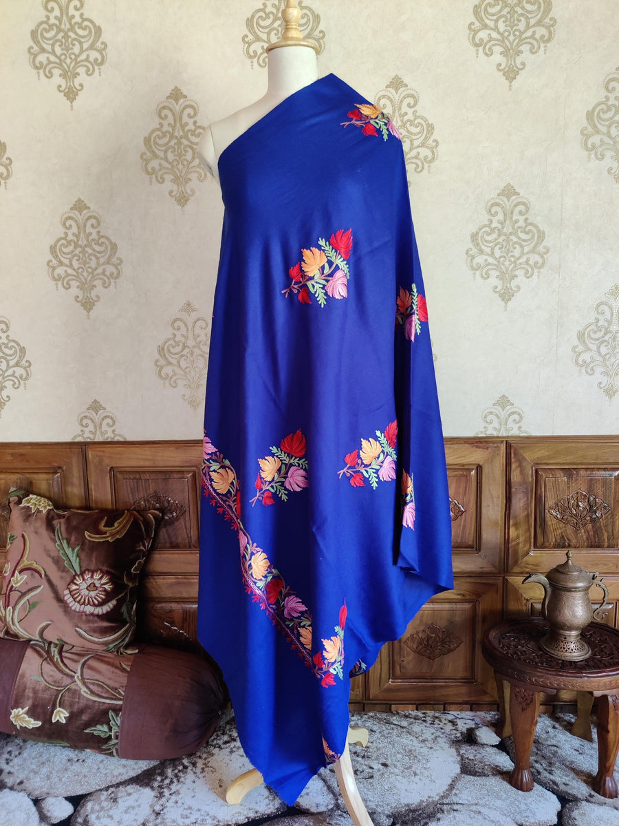 Floral Aari-Embroidered Blue Kashmiri Shawl - KashmKari