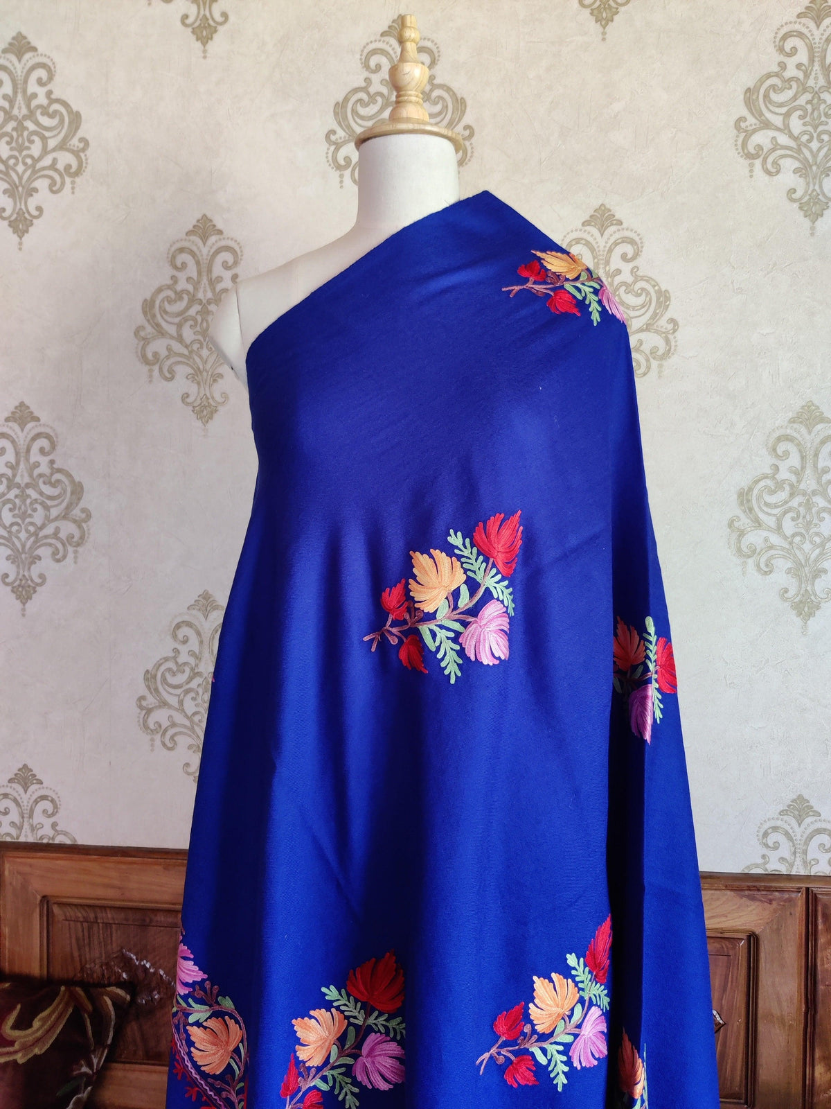 Floral Aari-Embroidered Blue Kashmiri Shawl - KashmKari