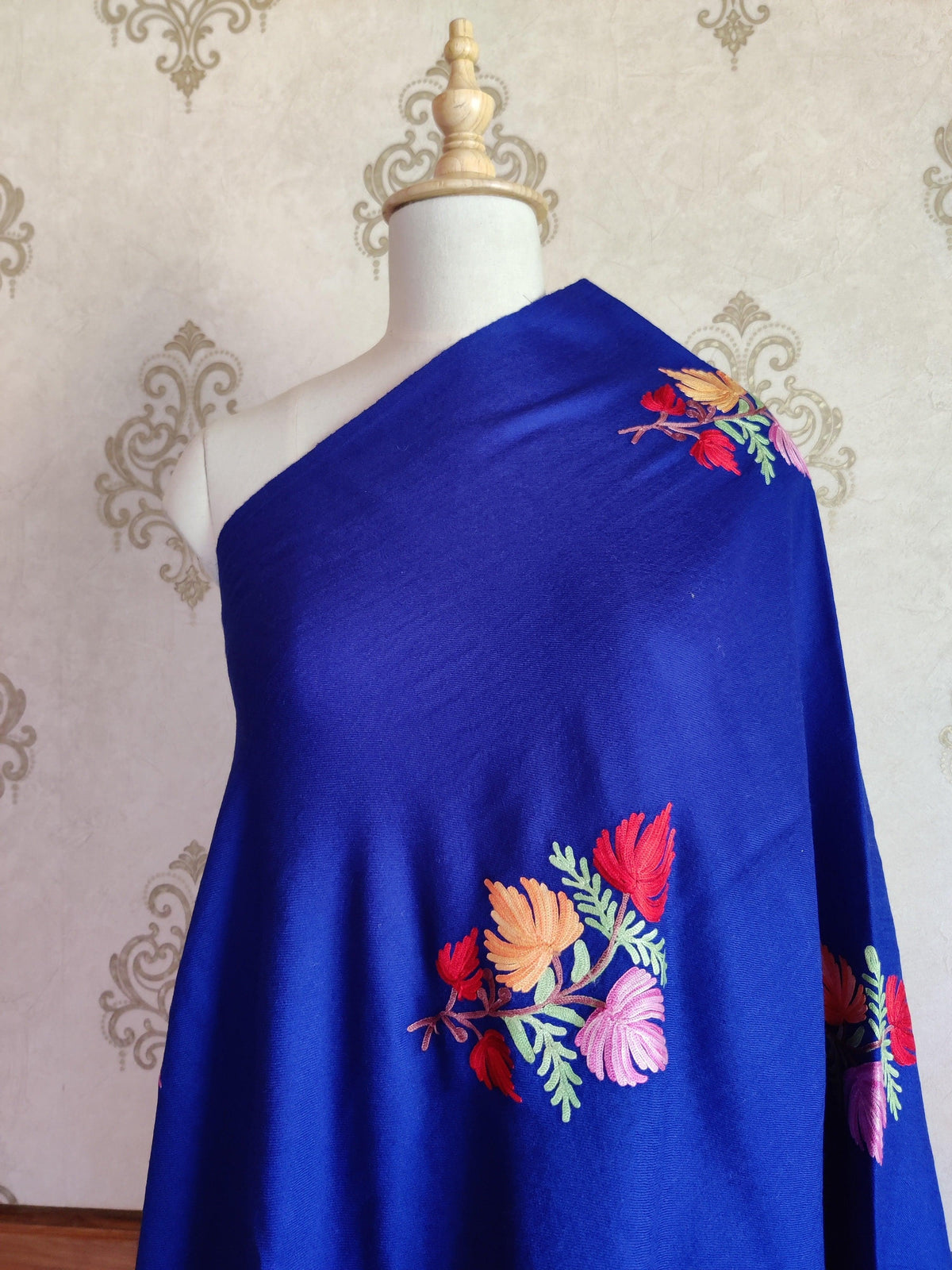 Floral Aari-Embroidered Blue Kashmiri Shawl - KashmKari