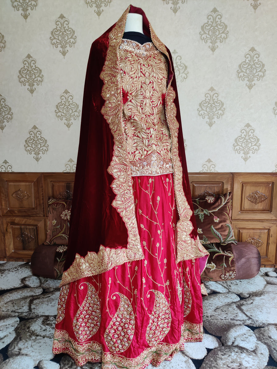 Pure Raw Silk red Lehenga with Tilla Embroidery & Velvet Dupatta
