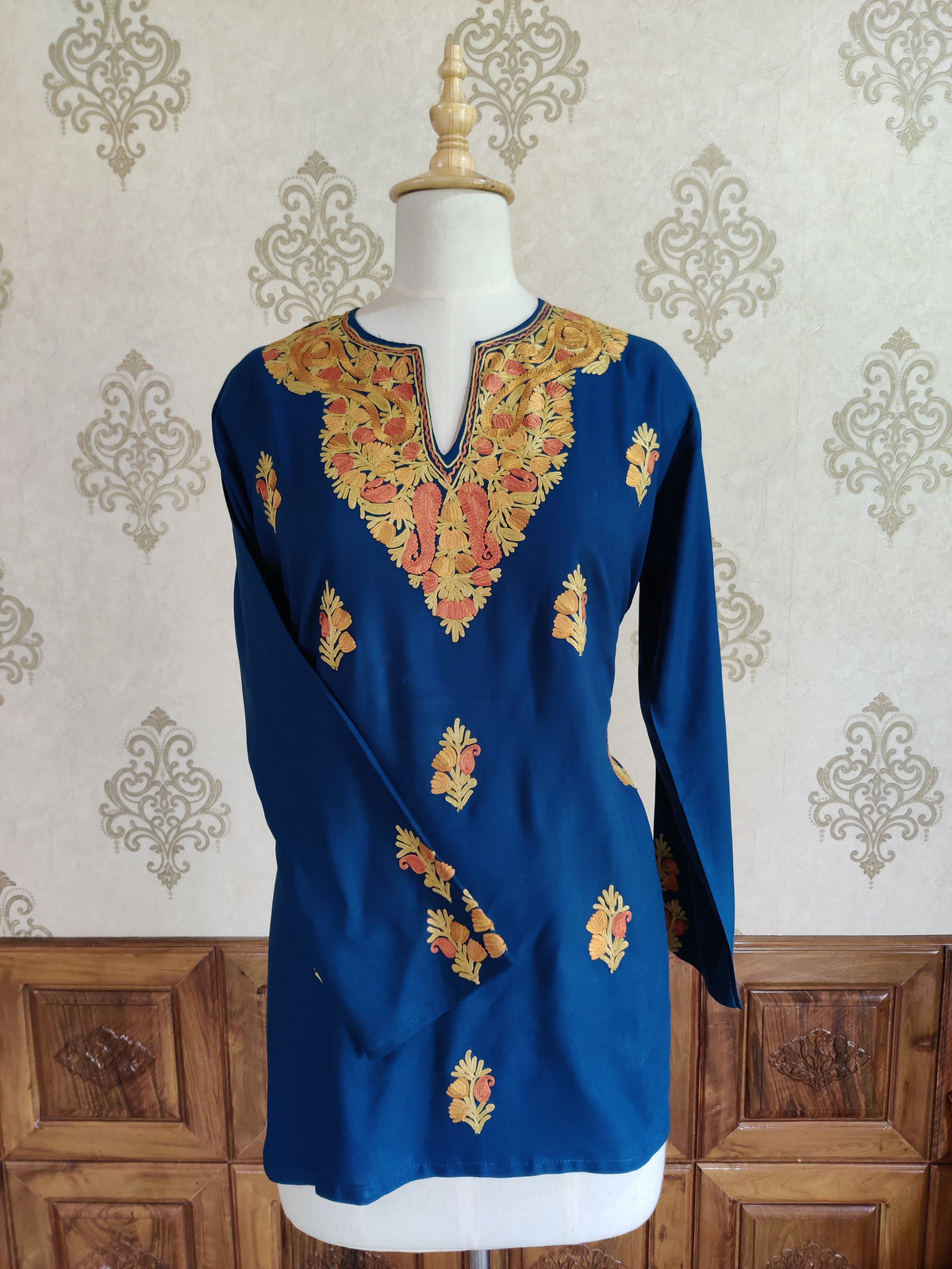 Vibrant Blue and Gold Aari Embroidered Kurti