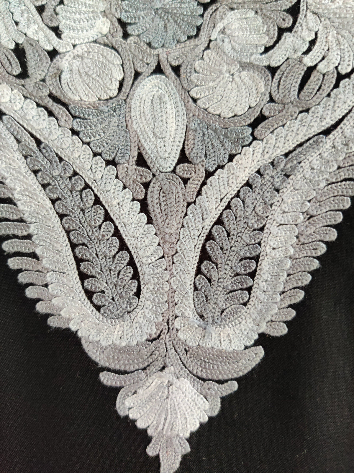 Macro detail of silver-grey Aari flowers and curved leafy paisleys forming the point below the black kurti’s neckline.