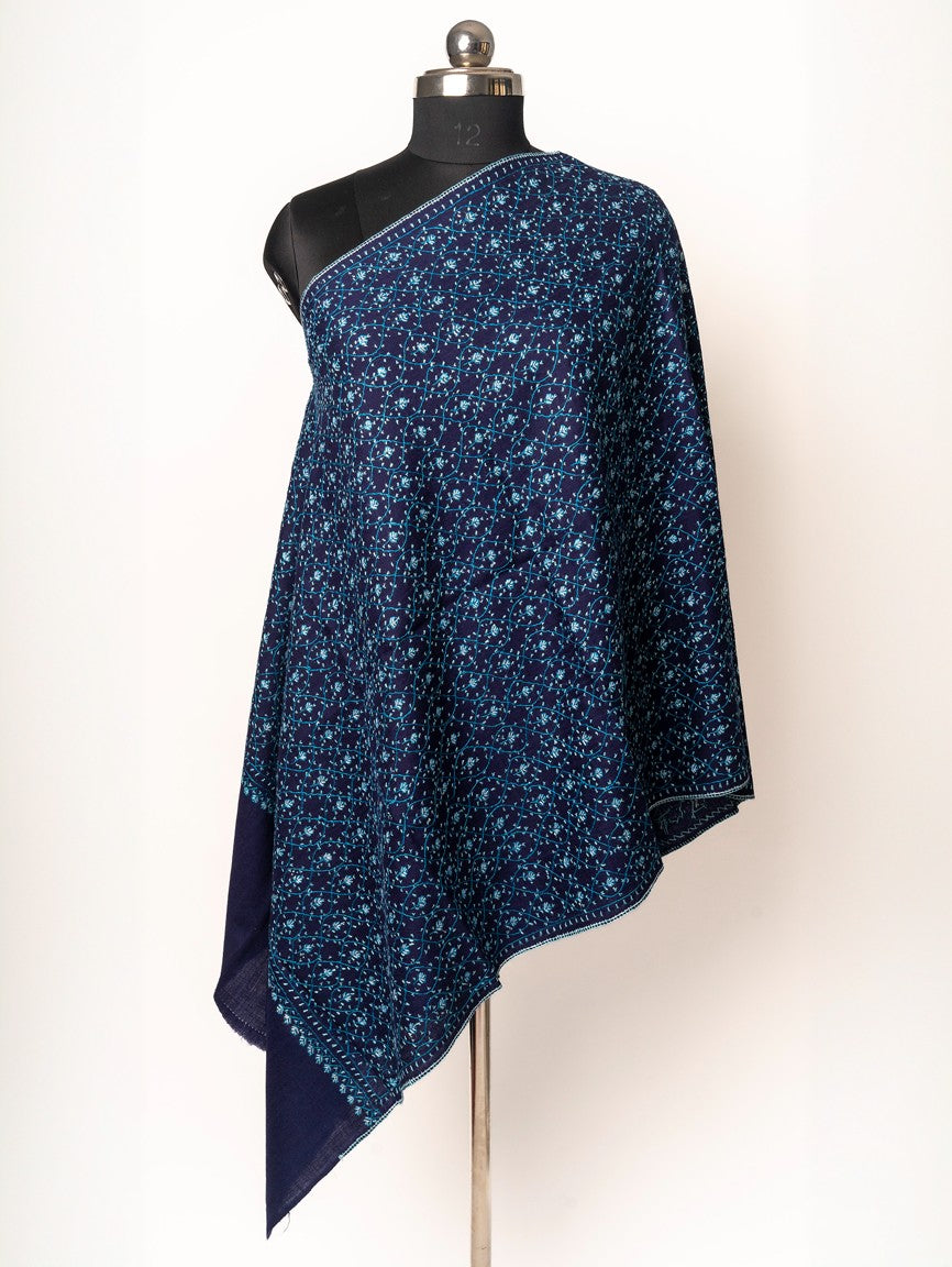 Sapphire Stardust Sozni Merino wool – Hand Embroidered Celestial Stole