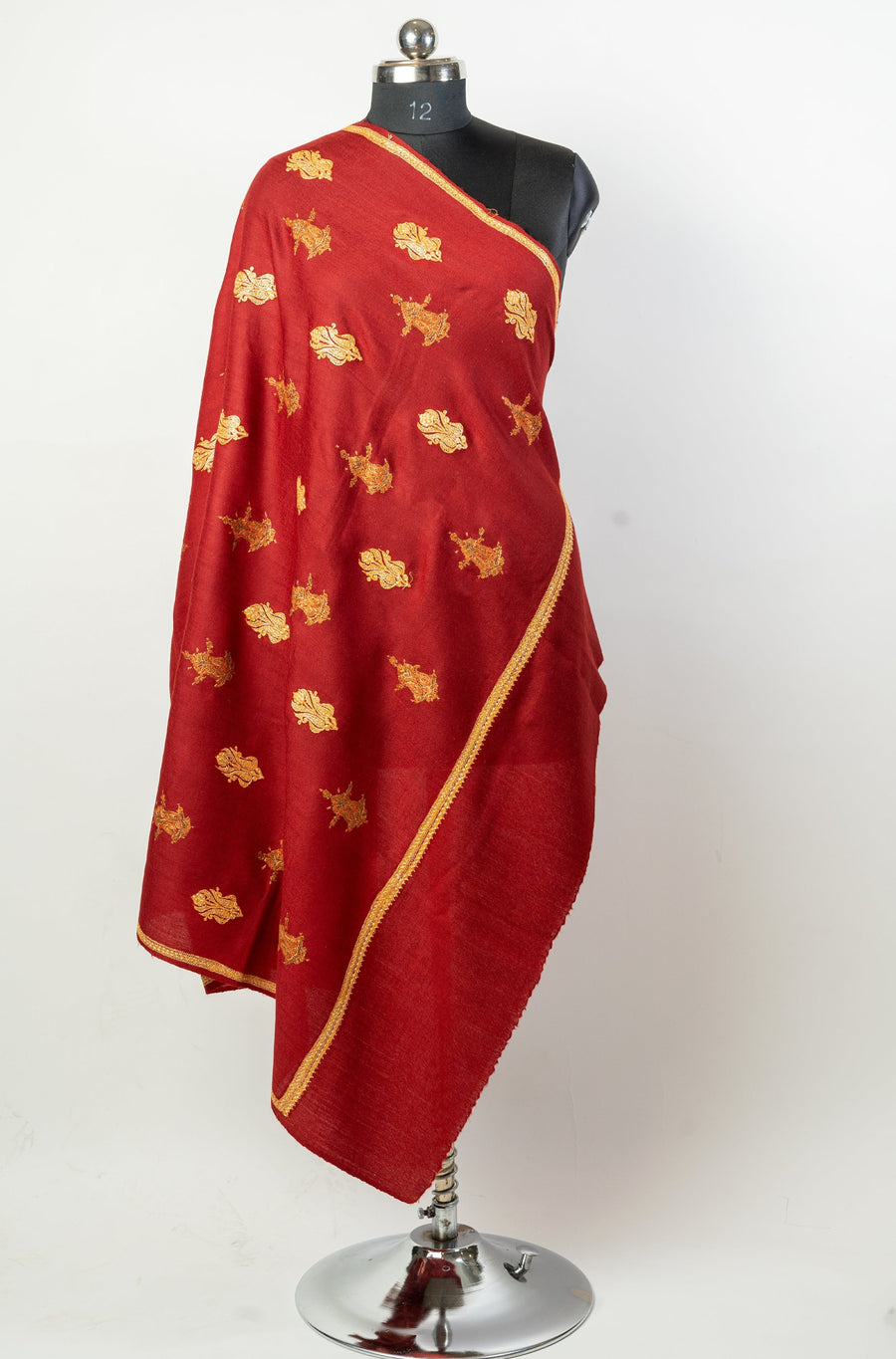 The Kashmiri Czarina: Tilla and Sozni Embroidered Shawl in Maroon - KashmKari
