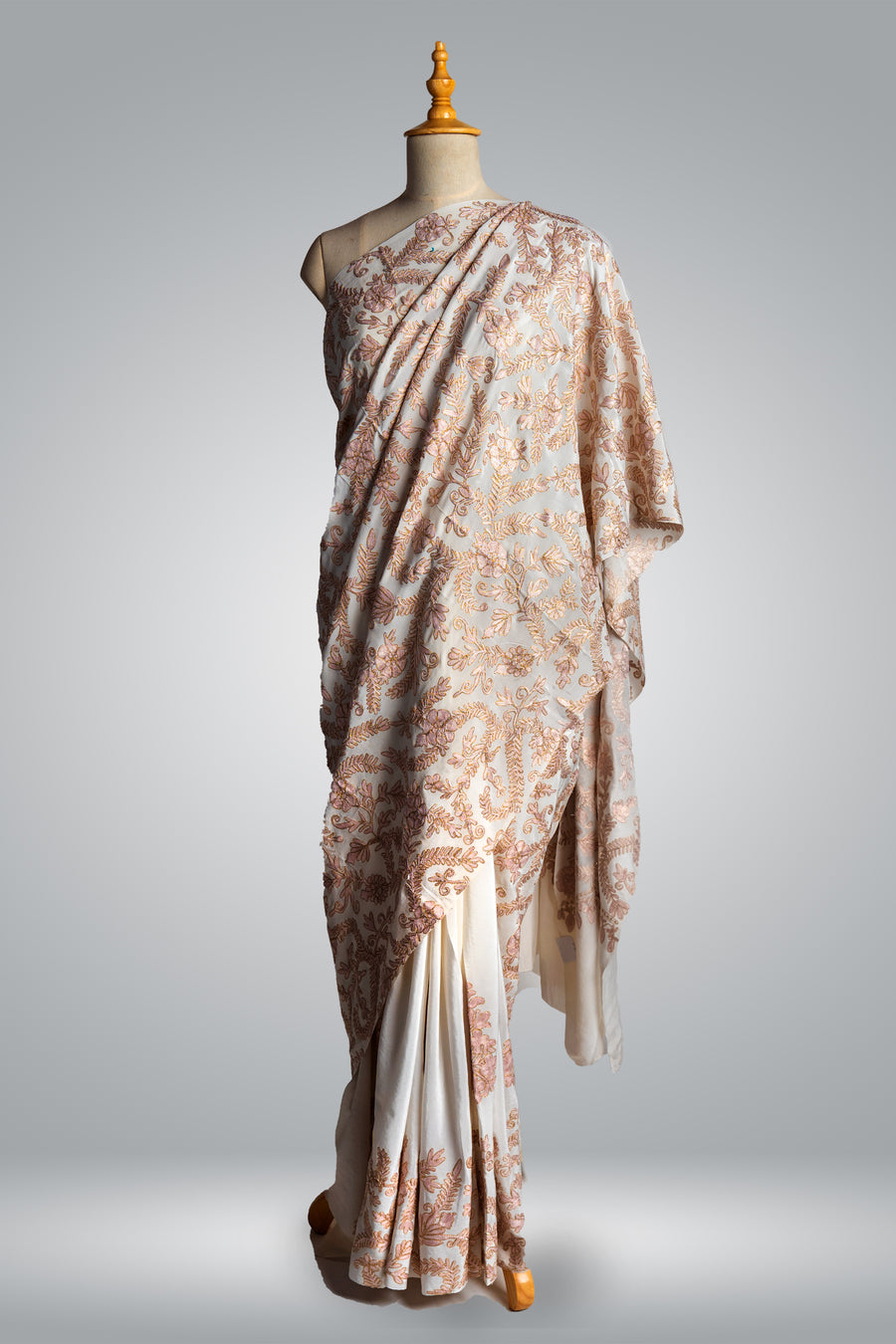 White Kashmiri Pure Crepe Saree with Aari Embroidery & Zari Outline - KashmKari