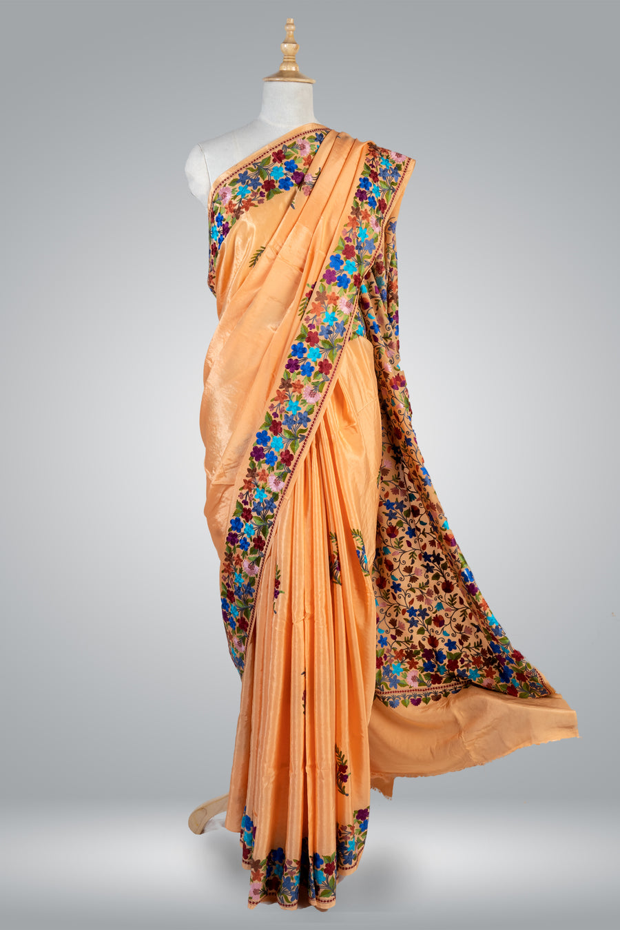 Richly Embroidered Pure Crepe Kashmiri Saree in Light Orange - KashmKari