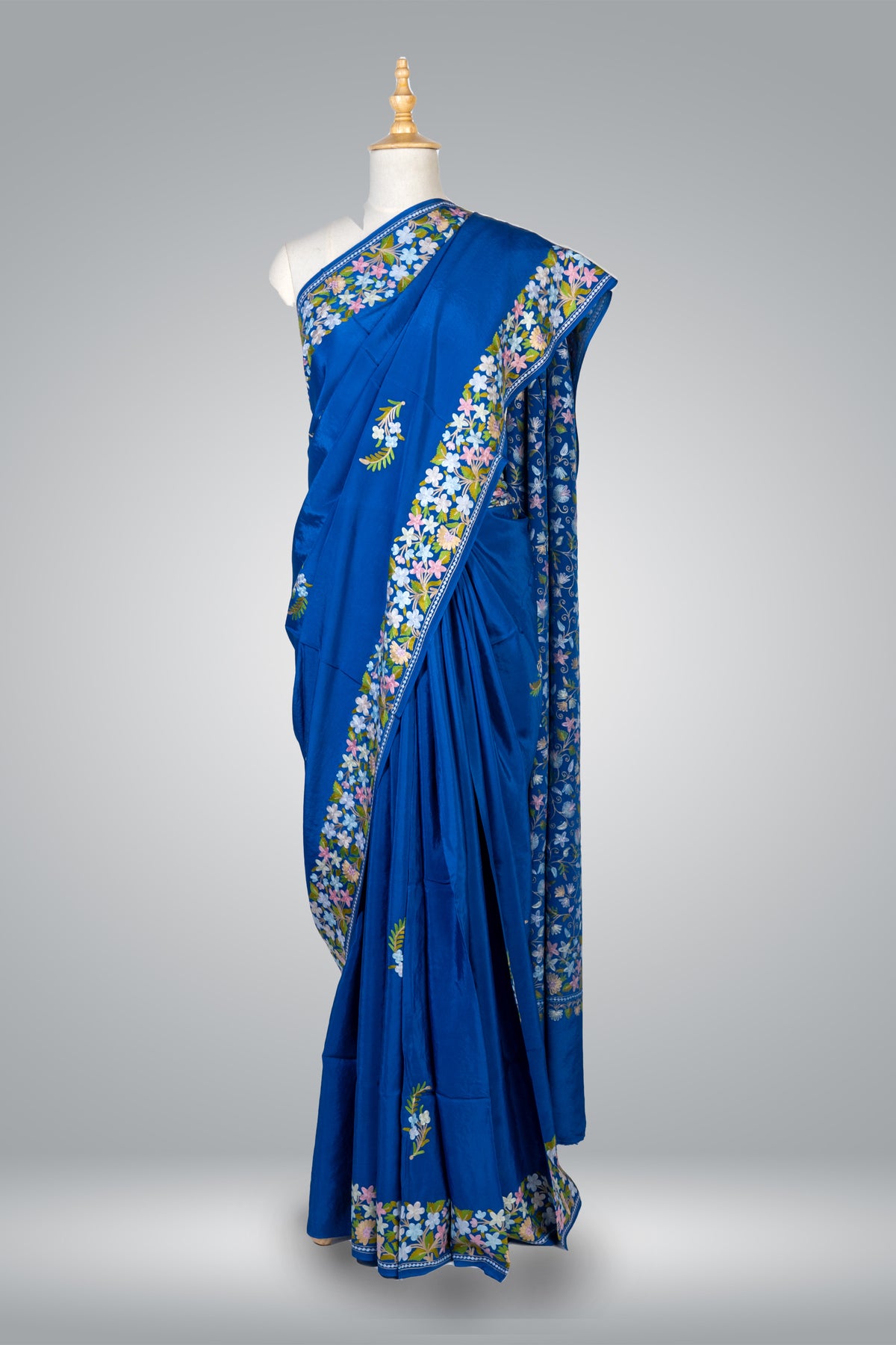 Royal Blue Pure Crepe Kashmiri Saree with Aari Embroidery - KashmKari