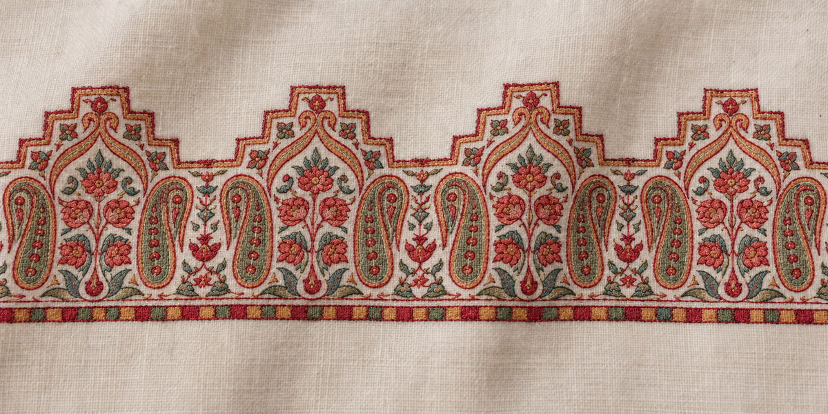 Illustrated finished Sozni stage: the matching floral and paisley shawl border embroidered in red, ochre and muted green.