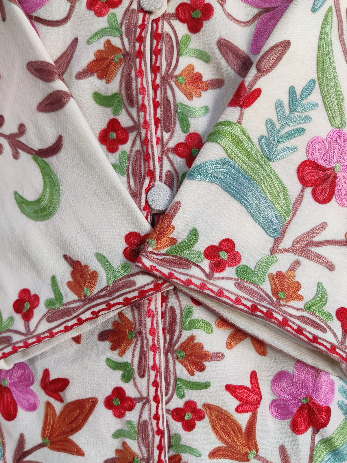 Close-up of the ivory jacket’s crossed sleeves and covered buttons, showing red flowers and teal and green leaves.