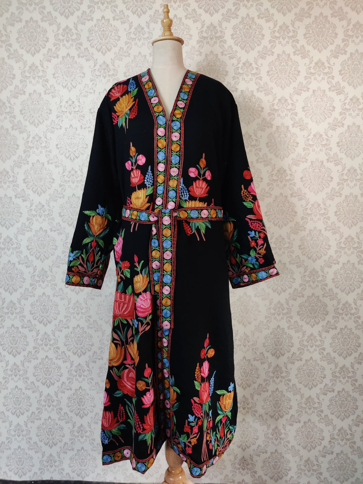 Black Long Kashmiri Embroidery Robe with Floral Embroidery Belt | Kashmiri Kimono