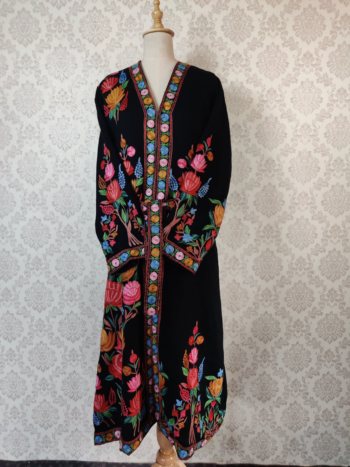 Black Long Kashmiri Embroidery Robe with Floral Embroidery Belt | Kashmiri Kimono
