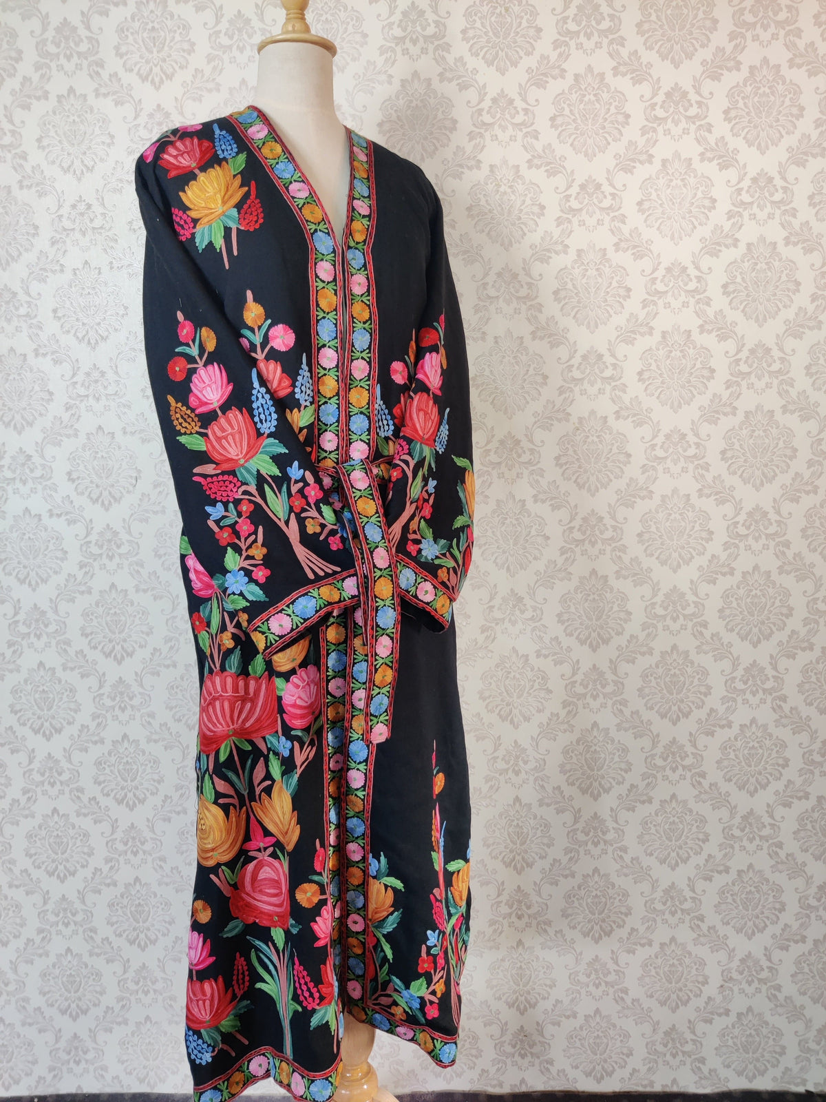 Black Long Kashmiri Embroidery Robe with Floral Embroidery Belt | Kashmiri Kimono