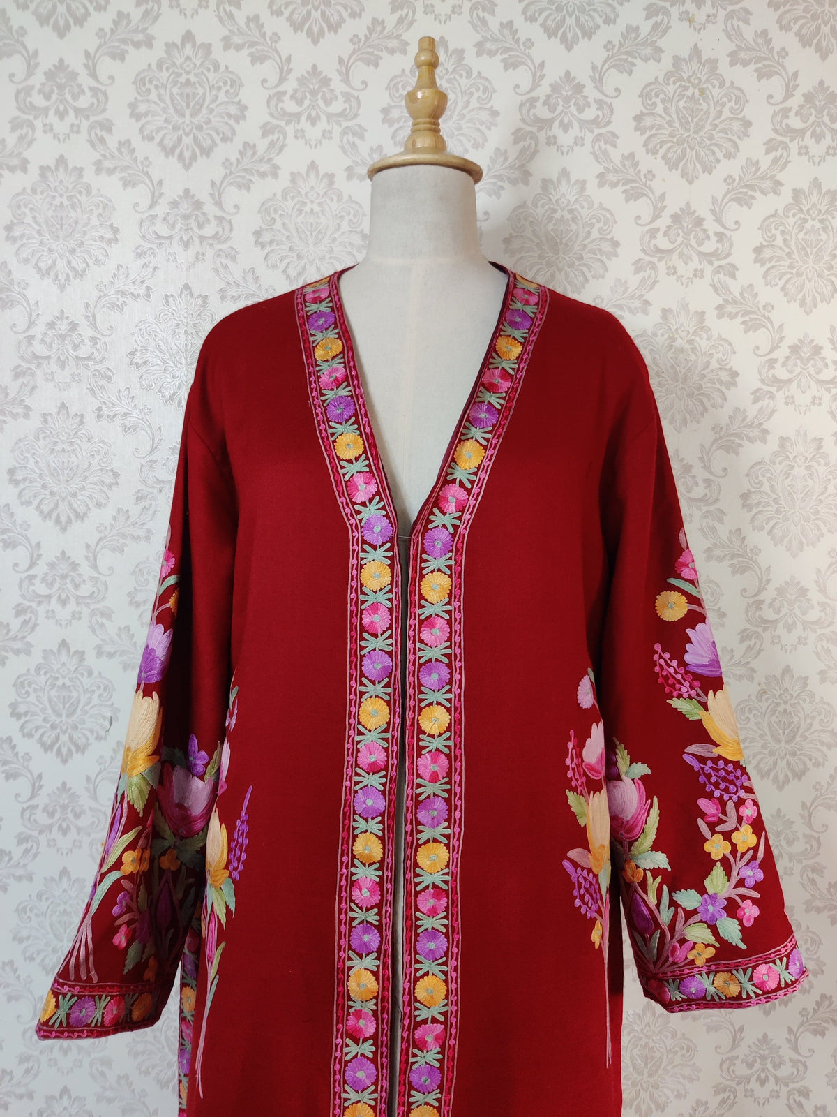 Maroon Long Kashmiri Embroidery Robe with Floral Embroidery Belt | Kashmiri Kimono - KashmKari