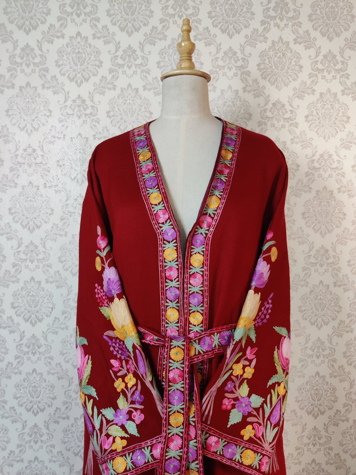 Maroon Long Kashmiri Embroidery Robe with Floral Embroidery Belt | Kashmiri Kimono - KashmKari