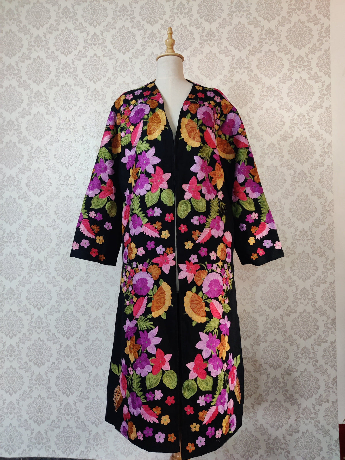 Black Long Kashmiri Embroidery Robe with Floral Embroidery Belt | Kashmiri Kimono