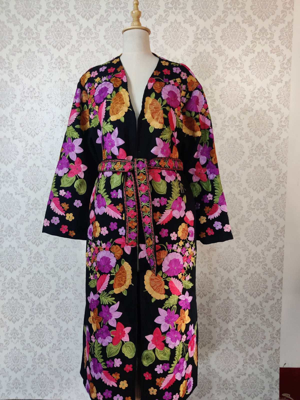 Black Long Kashmiri Embroidery Robe with Floral Embroidery Belt | Kashmiri Kimono