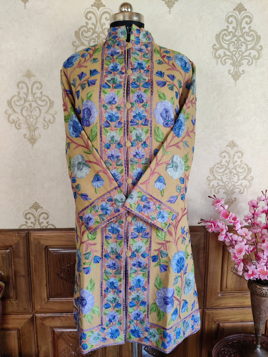 Beige Kashmiri Floral Embroidered Coat Jacket KashmKari Get Kashmiri coat With Bohemian Embroidery at best price Online | Kashmir Thread