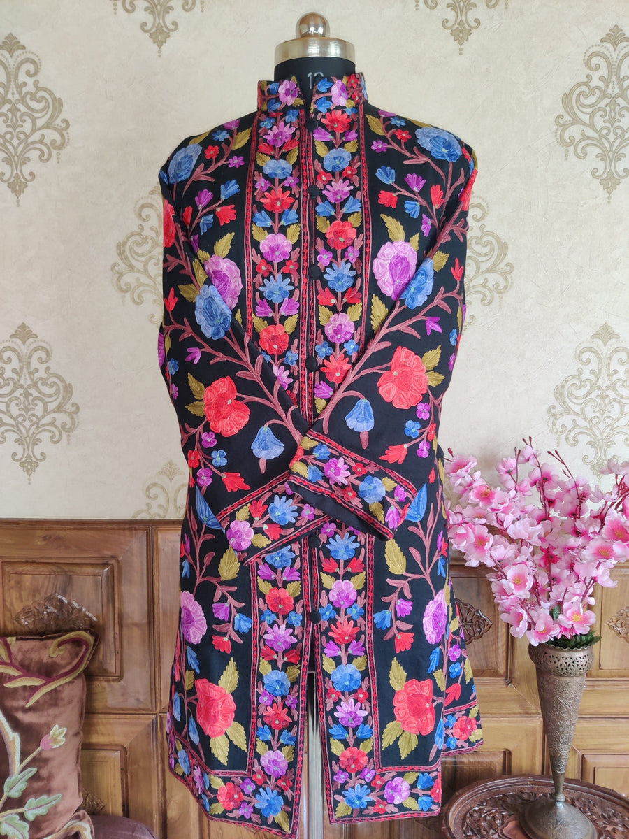 Long Kashmiri Boho Jacket Multicolor Floral Embroidery Jacket KashmKari Buy Long Kashmiri Embroidered Boho Jacket with Size | Kashmir Thread