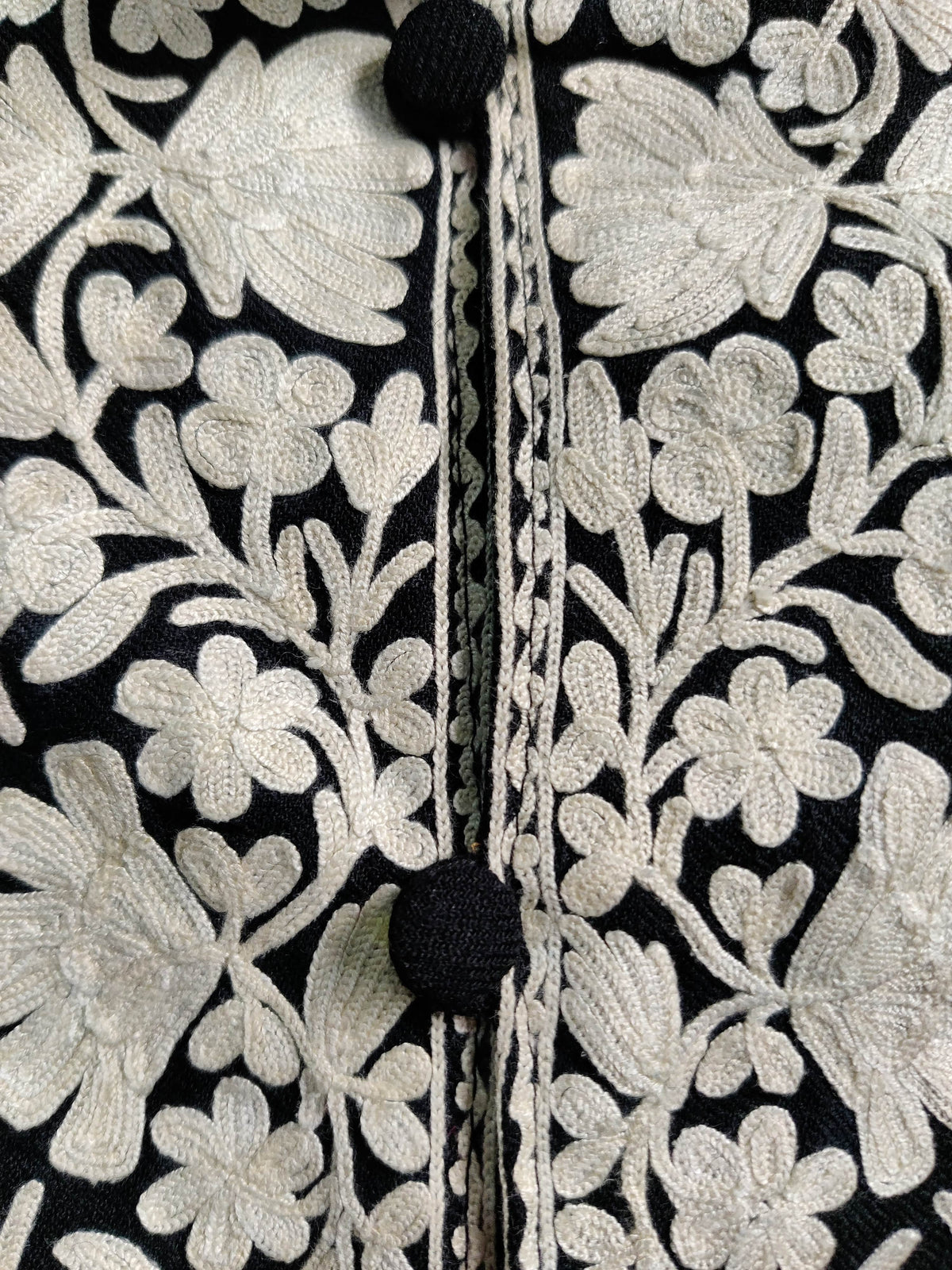 Close-up of black covered buttons between white floral embroidered borders along the jacket opening