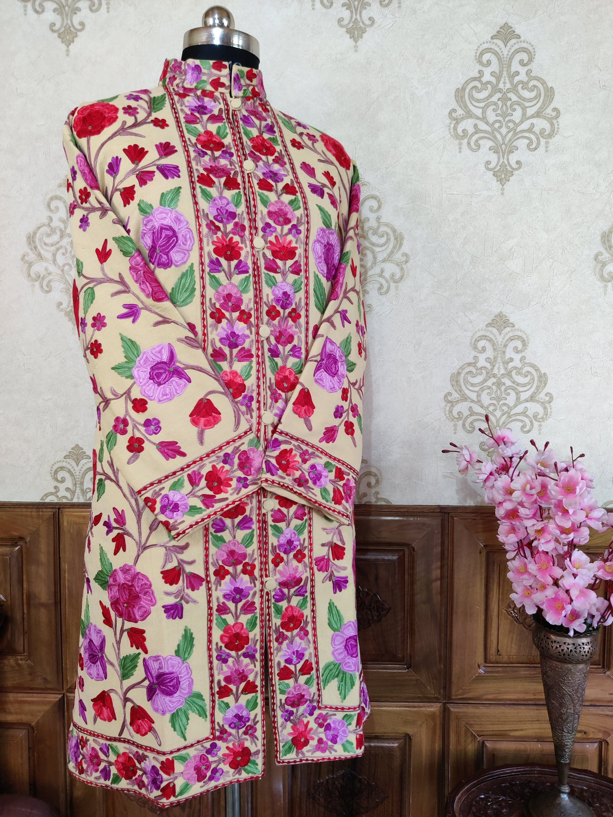 Long Kashmiri Jacket With Floral Embroidery , Boho Embroidery Jacket Jacket KashmKari Buy White Kashmiri coat With Boho-Hippie Embroidery at best price Online | Kashmir Thread