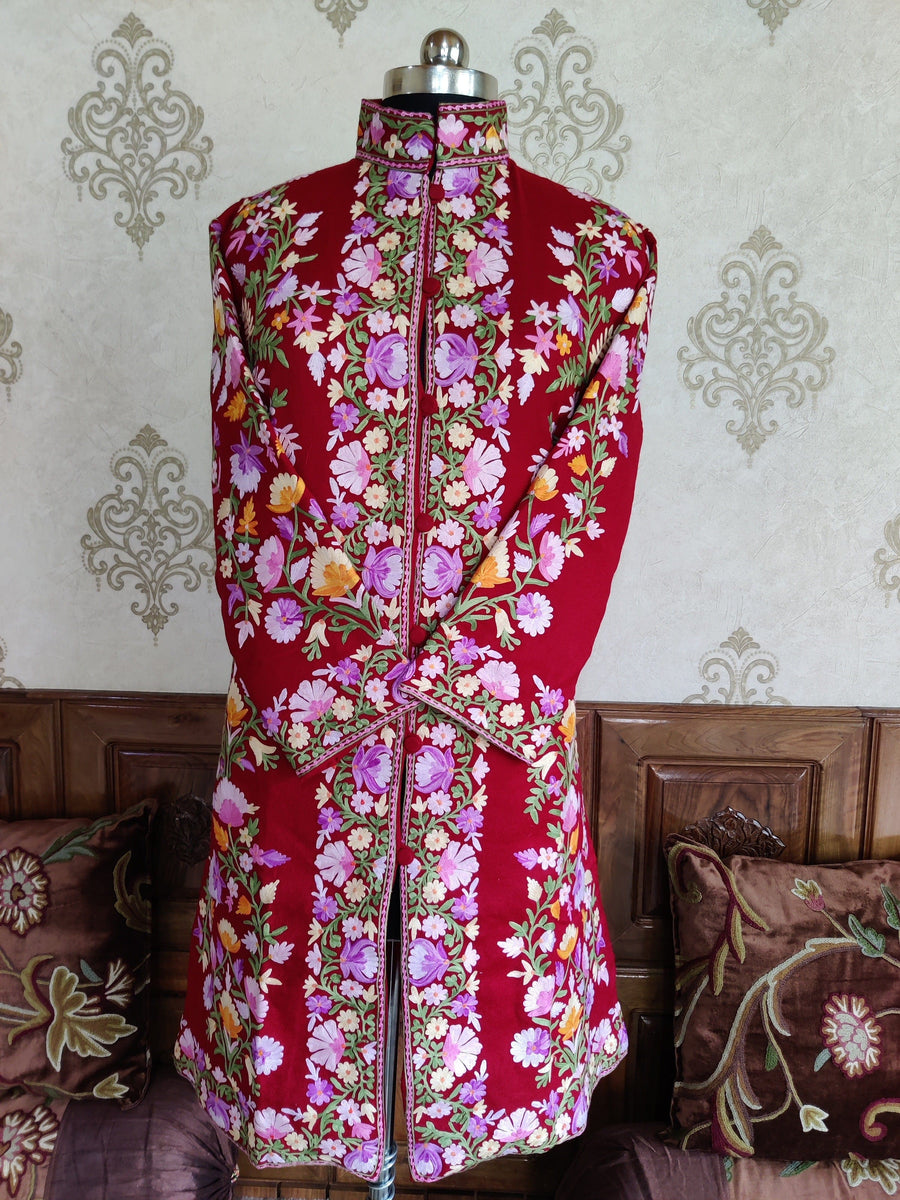 Maroon Long Kashmiri Jacket With Multicolor Floral Embroidery Jacket KashmKari Buy Maroon Kashmiri coat With Boho-Floral Embroidery at best price Online | Kashmir Thread