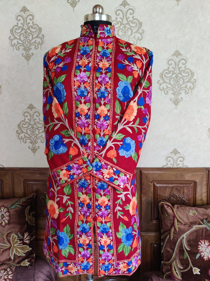 Maroon Long Kashmiri Jacket With Multicolor Floral Embroidery Jacket KashmKari Buy Maroon Long Kashmiri Jacket With Boho-Floral Embroidery at best price Online | Kashmir Thread