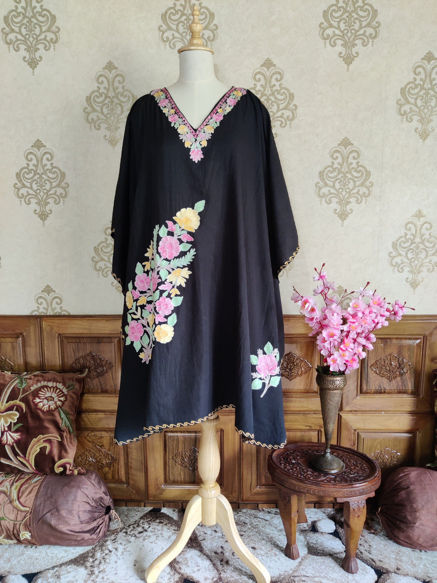 Black Kashmiri Kaftan With Floral Embroidery kaftan KashmKari Black Kashmiri Kaftan top online At a Reasonable Price | Kashmir Thread