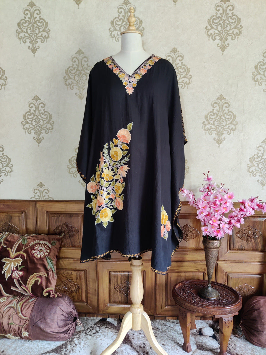 Boho Kaftan With Floral Embroidery kaftan KashmKari Black Kashmiri Kaftan top online At a Reasonable Price | Kashmir Thread