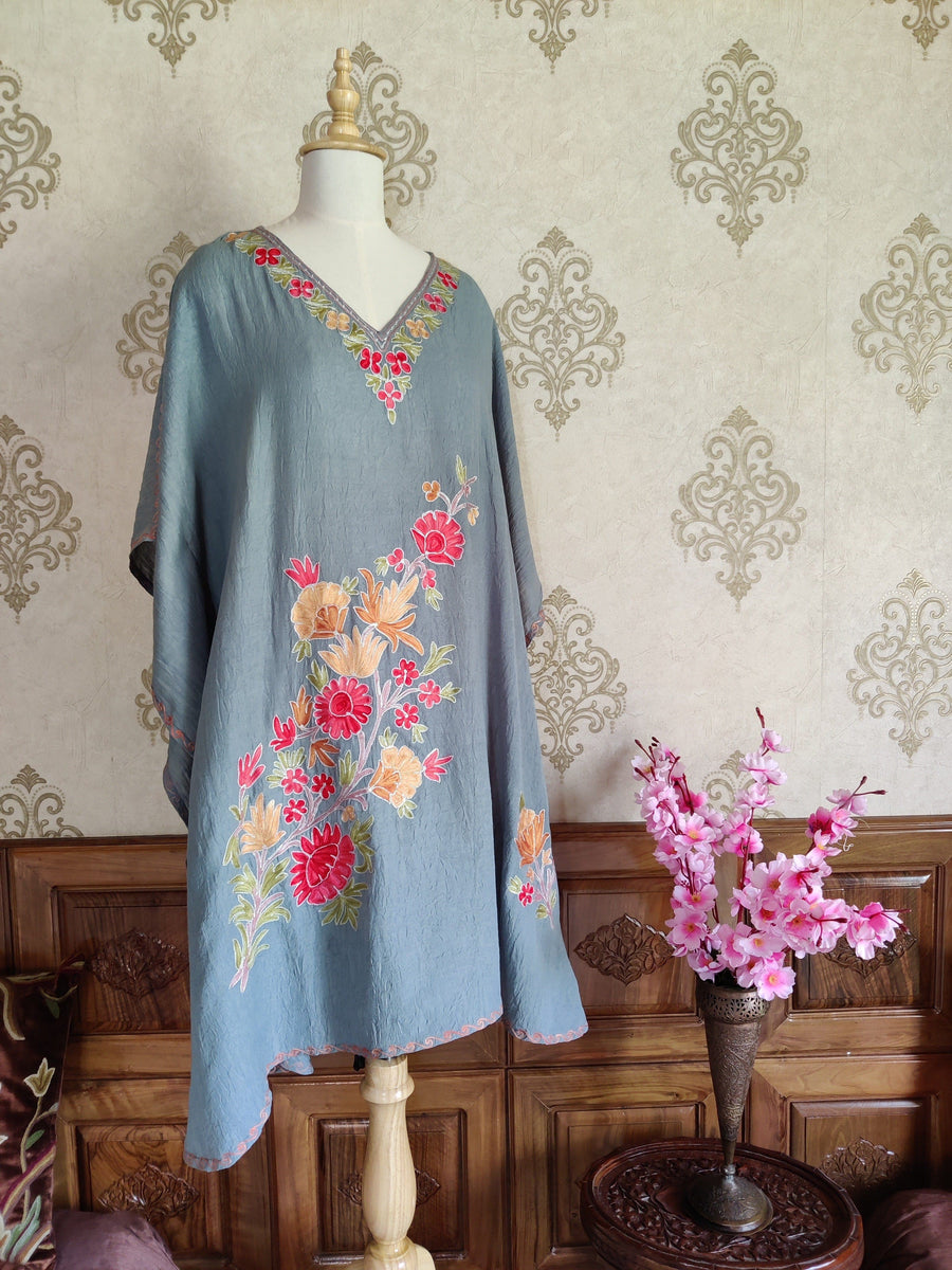 grey Kashmiri Kaftan With Floral Embroidery kaftan KashmKari Black Kashmiri Kaftan top online At a Reasonable Price | Kashmir Thread