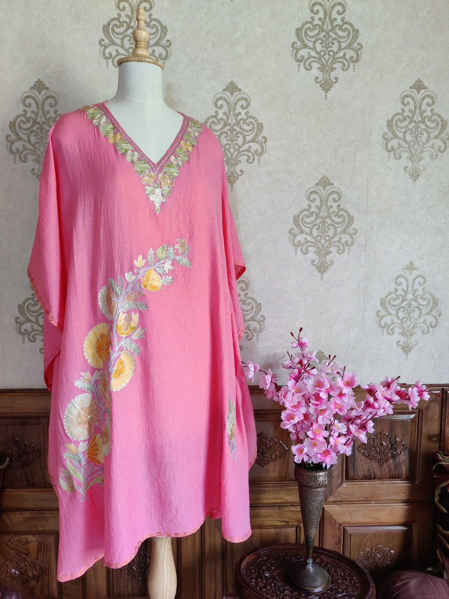 Pink Kashmiri Kaftan With Floral Embroidery kaftan KashmKari Black Kashmiri Kaftan top online At a Reasonable Price | Kashmir Thread
