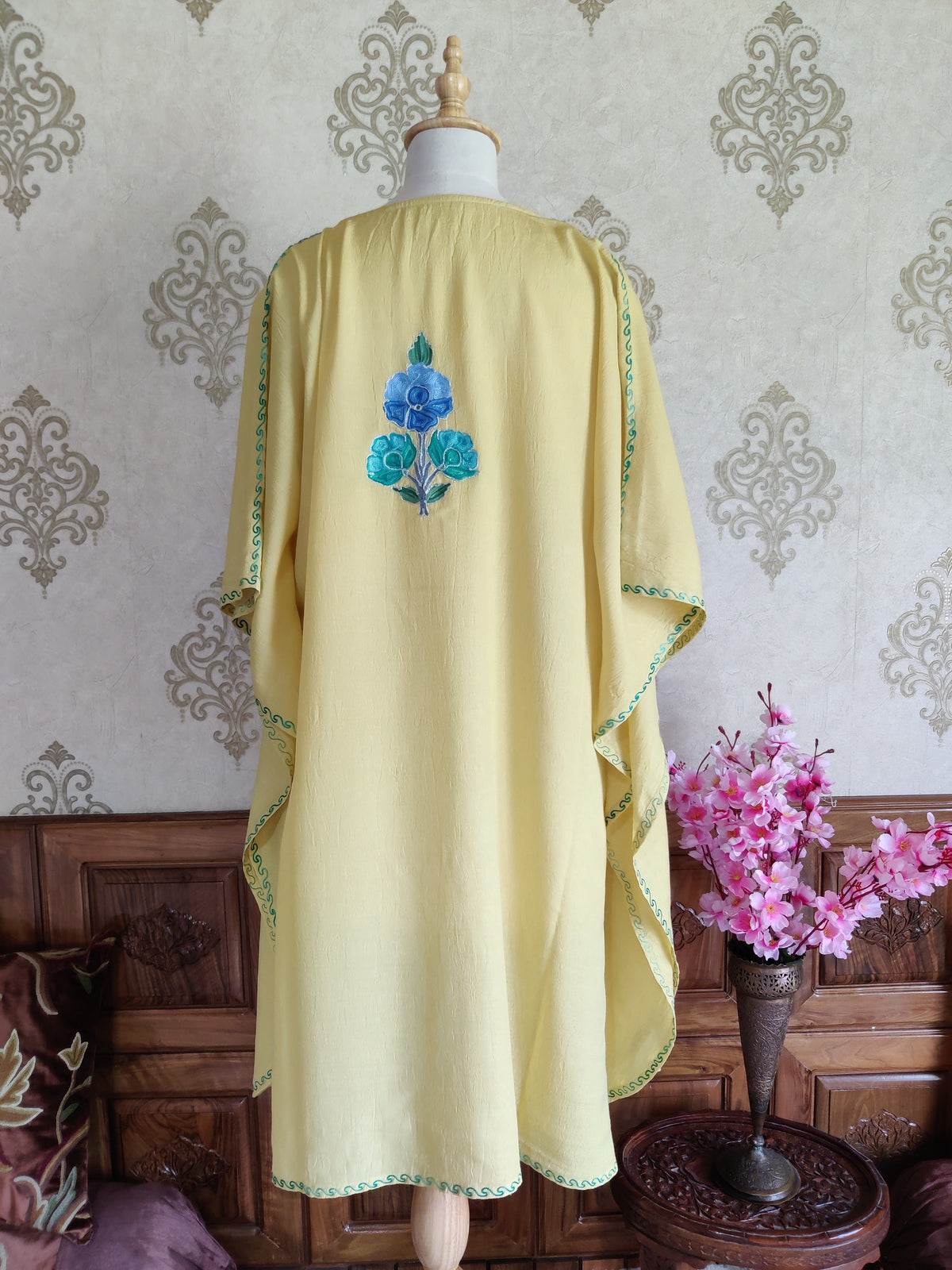 yellow Kashmiri Kaftan With Floral Embroidery kaftan KashmKari Black Kashmiri Kaftan top online At a Reasonable Price | Kashmir Thread