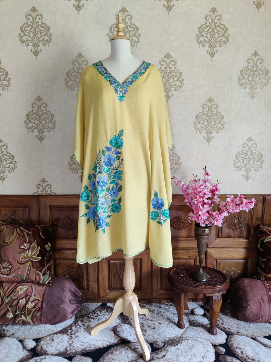 yellow Kashmiri Kaftan With Floral Embroidery kaftan KashmKari Black Kashmiri Kaftan top online At a Reasonable Price | Kashmir Thread