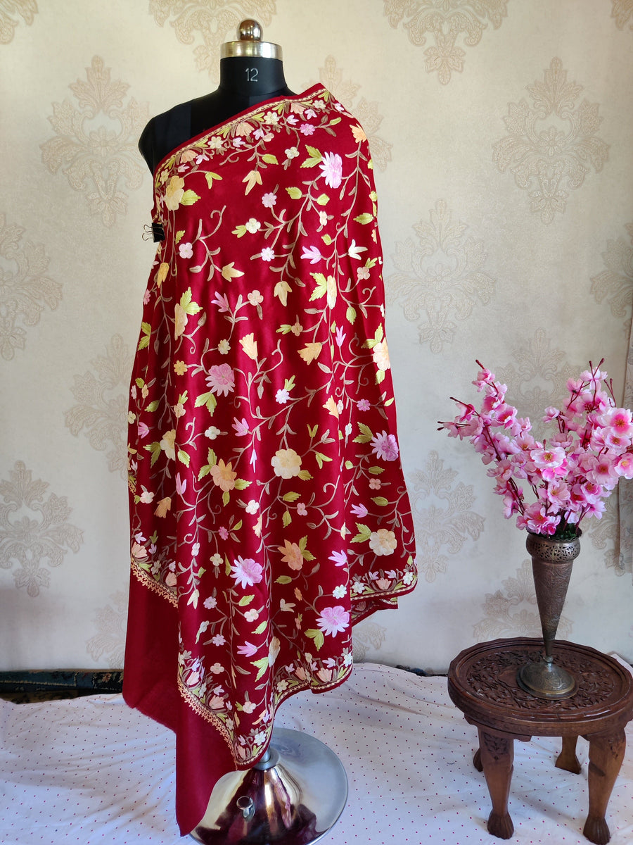 Pure Woolen Kashmiri Embroidery Stole with All over Heavy Aari Embroidery Kashmiri shawl KashmKari